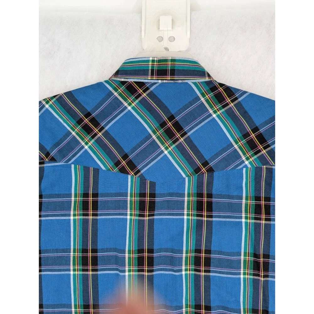 Vintage Plains Western Wear Mens 2X Big‎ Man Blue Plaid SS Pearl Snap Shirt